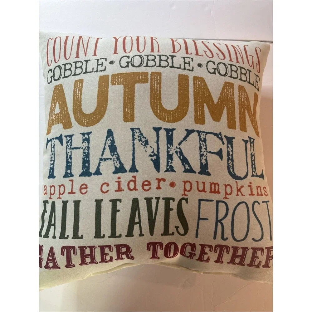 Autumn Thankful Subway Art Decorative Throw Pillow Fall Thanksgiving 13x14 Doubl